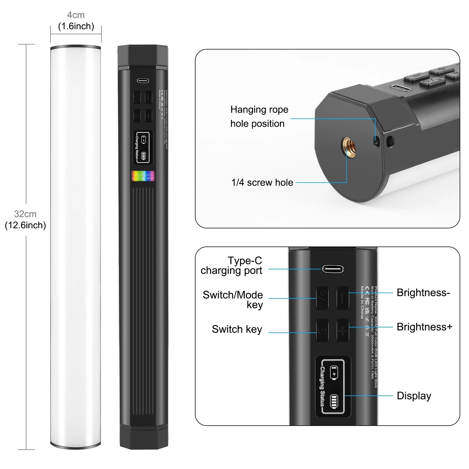 32Cm/12.6In 10W Portable RGB Light Stick Magnetic LED Tube Light Wand 2500K-9000K Dimmable for Vlog Live Broadcast Photography